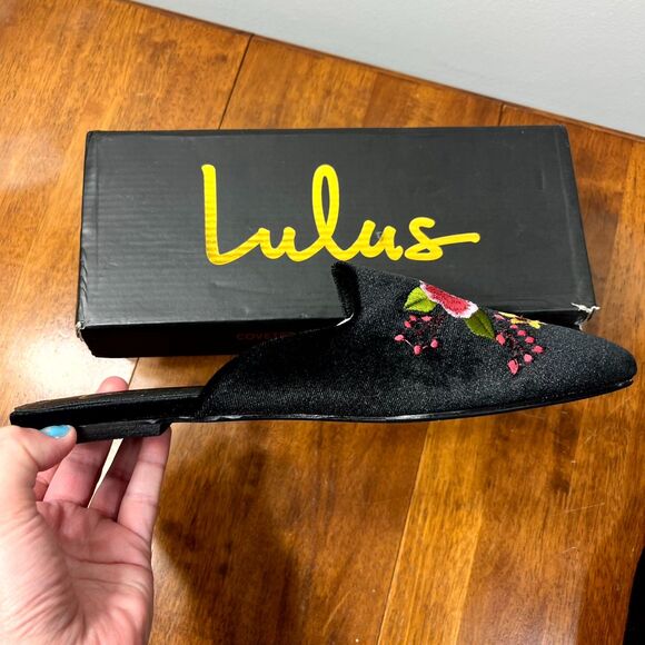 Lulu's Maggy Black‎ Velvet Embroidered Square-Toe Loafer Slides Size 9 - Picture 5 of 15